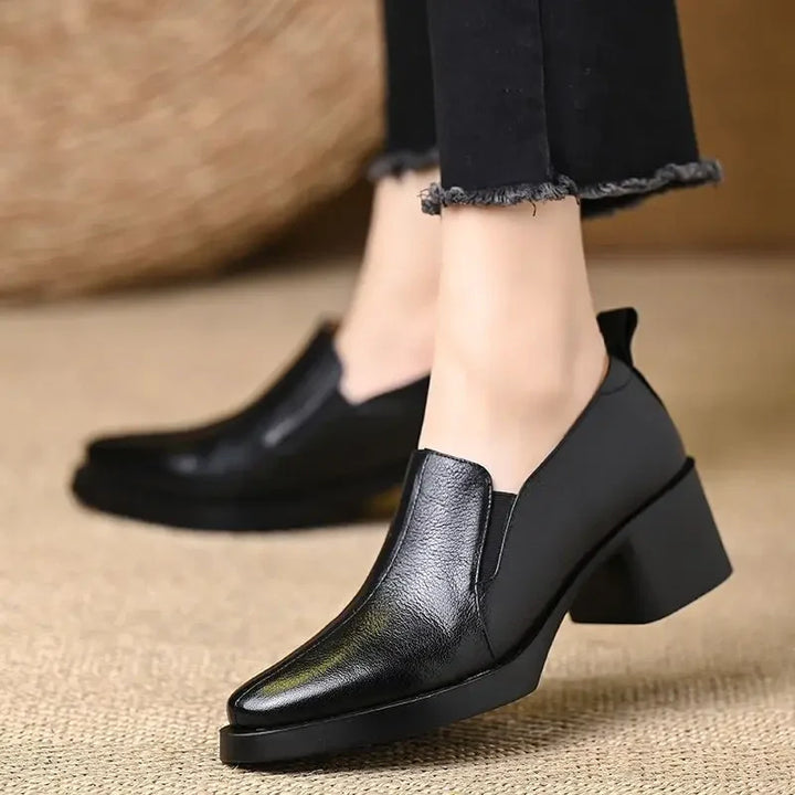 Women's Lace Leather Loafers with Block Heel – Casual Shoes