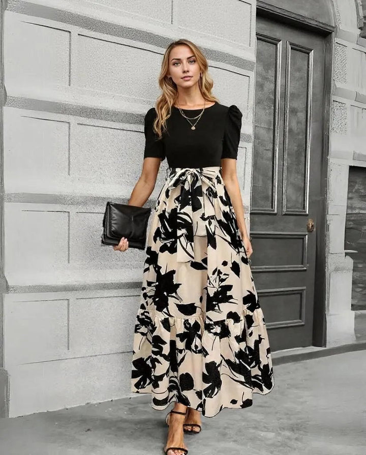 Elegantes Maxikleid Damen – A-Linie Sommerkleid mit Taillenschleife