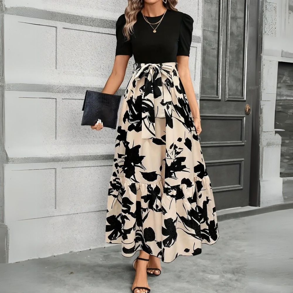 Elegantes Maxikleid Damen – A-Linie Sommerkleid mit Taillenschleife