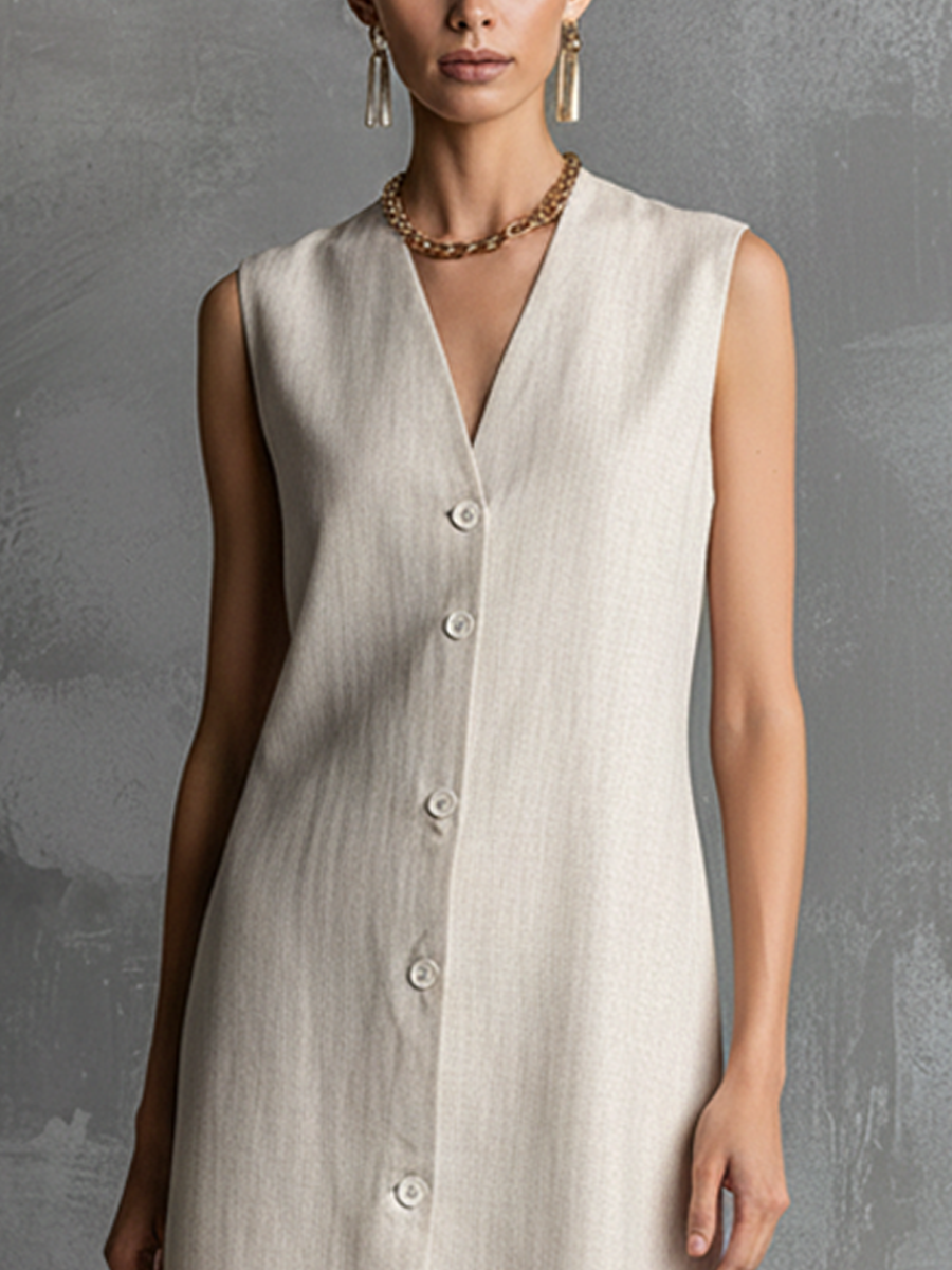 Ärmelloses Midikleid in Ivory mit Knopfleiste