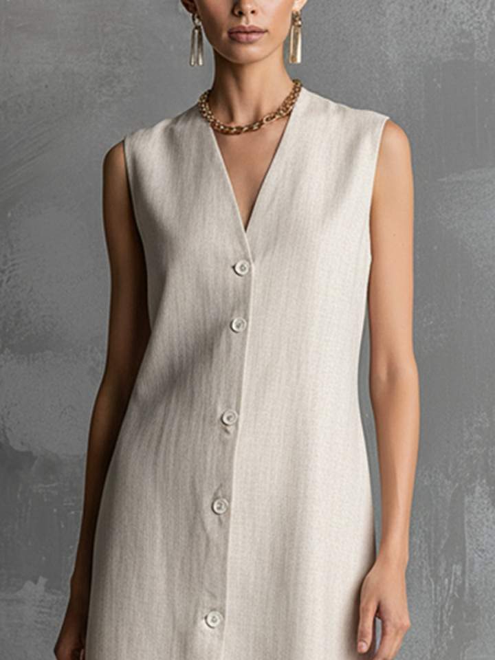 Ärmelloses Midikleid in Ivory mit Knopfleiste