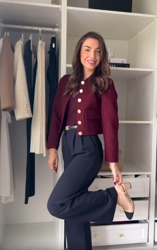 Women's Bordeaux Tweed Three-Piece Set – Elegant Jacket Outfit