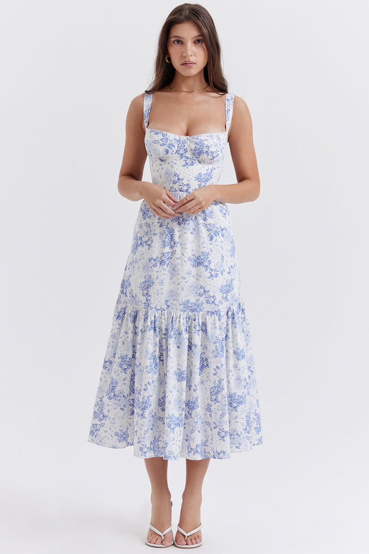Damen-Midikleid aus Viskose mit Blumenmuster und V-Ausschnitt