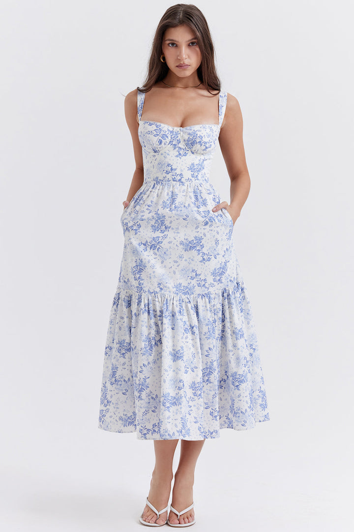 Damen-Midikleid aus Viskose mit Blumenmuster und V-Ausschnitt
