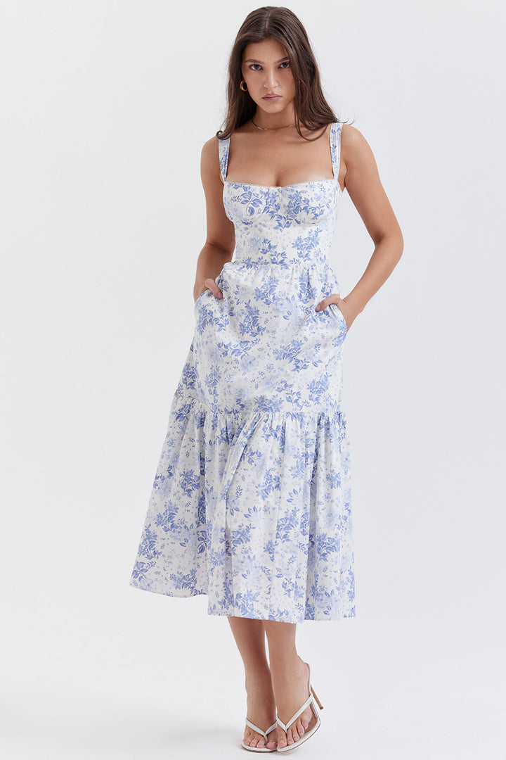 Damen-Midikleid aus Viskose mit Blumenmuster und V-Ausschnitt