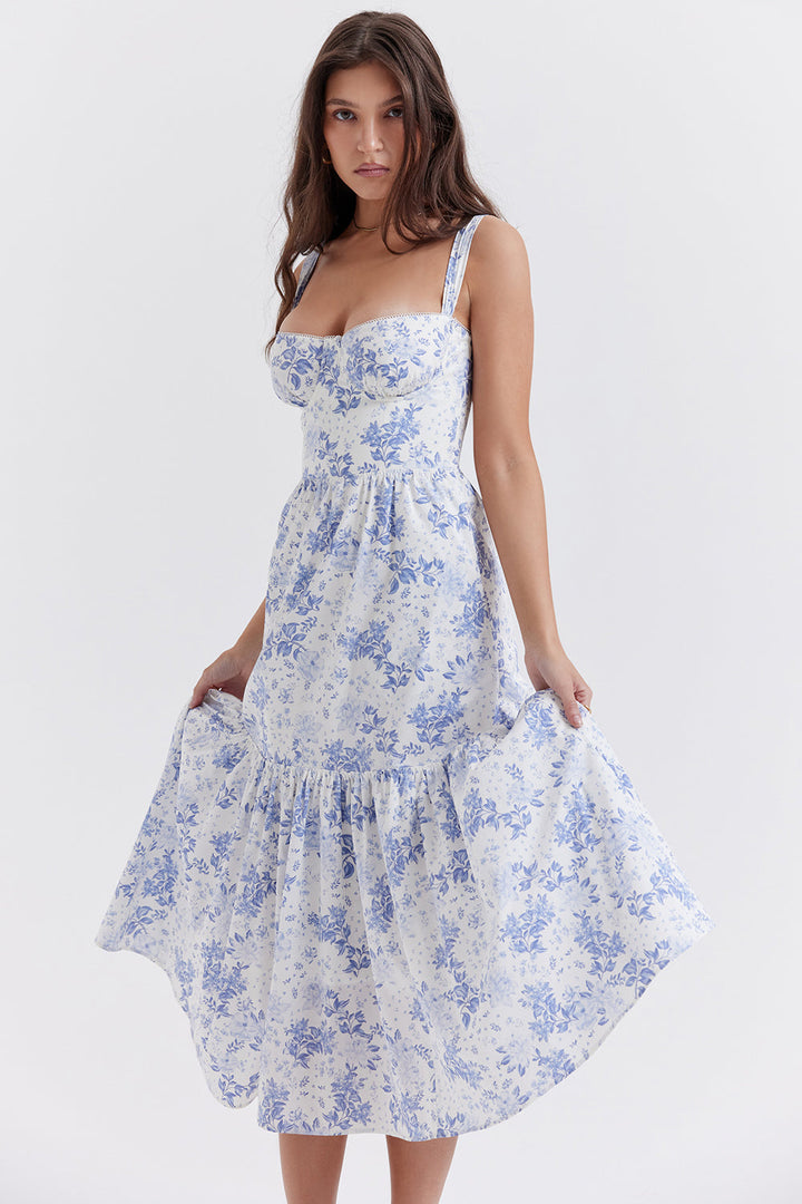Damen-Midikleid aus Viskose mit Blumenmuster und V-Ausschnitt