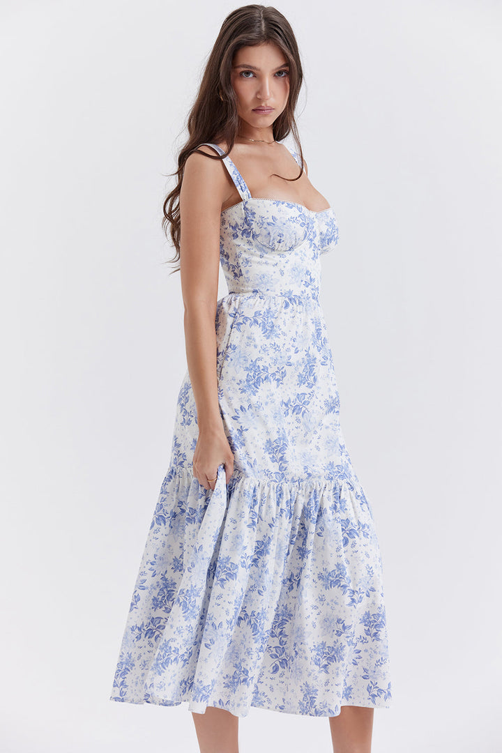 Damen-Midikleid aus Viskose mit Blumenmuster und V-Ausschnitt