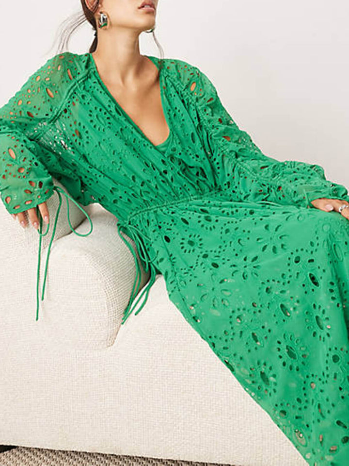 Vestido maxi de encaje oversize para mujer con escote en V y cintura fruncida – Vestido elegante y fluido