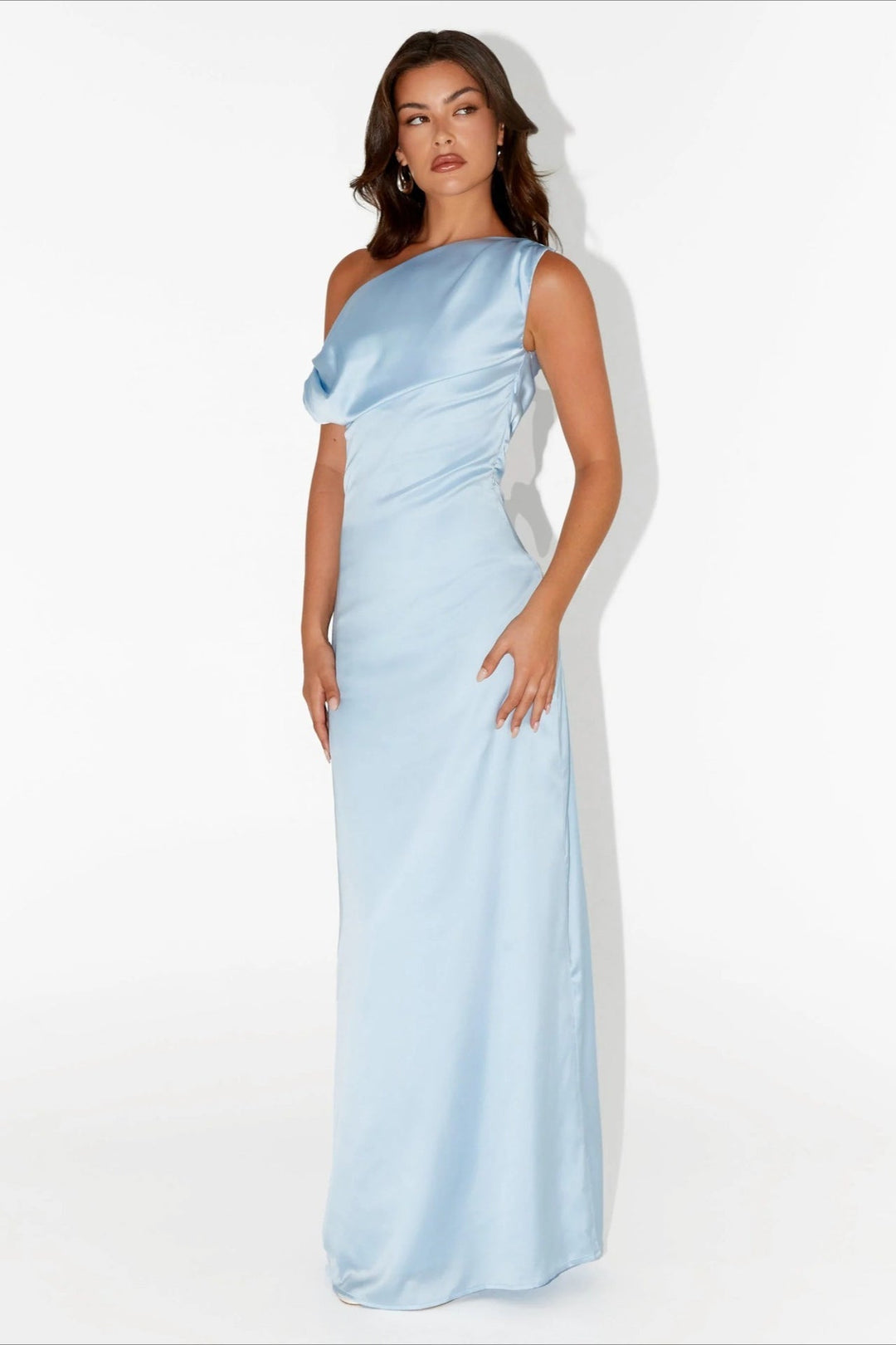 Women's Solid Color Maxi Dress with Asymmetric Neckline – Evening Dress