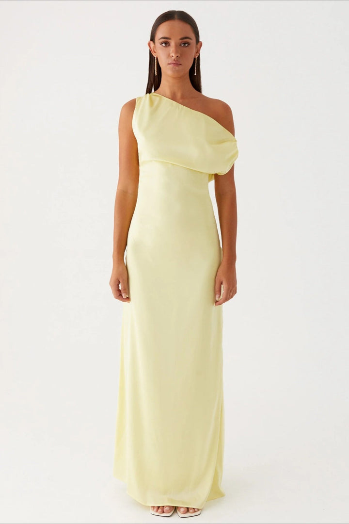 Women's Solid Color Maxi Dress with Asymmetric Neckline – Evening Dress