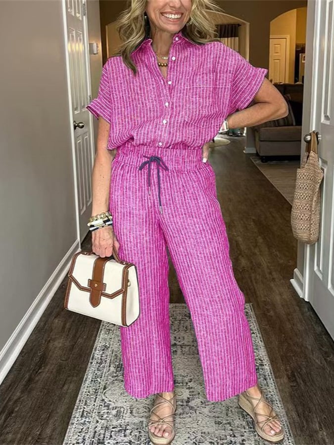 Women's striped linen-cotton set with pockets