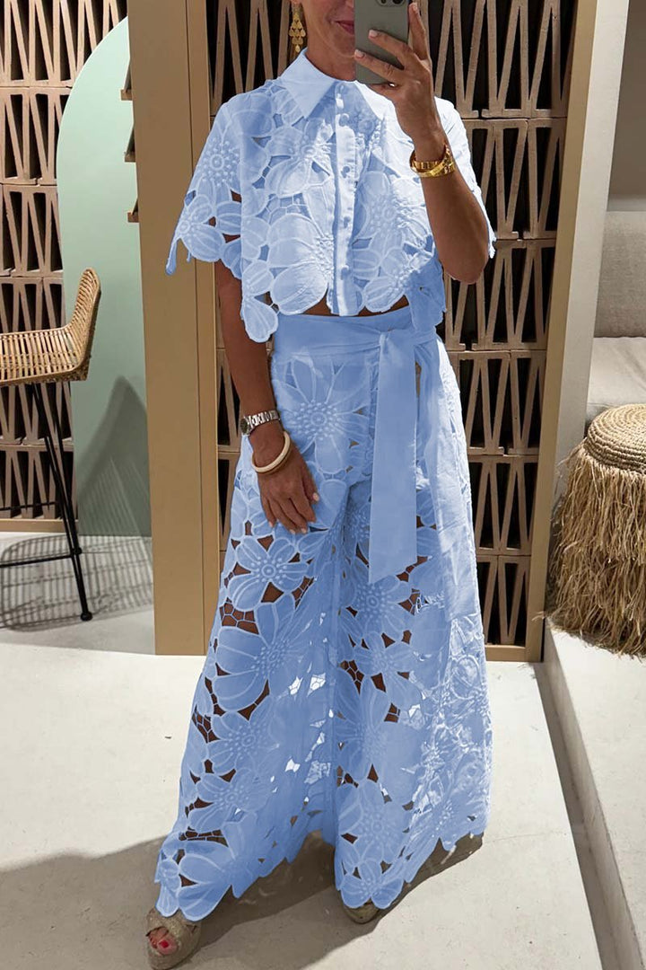 Women's Lace Blouse and Wide-Leg Pants Set – Elegant Casual Outfit