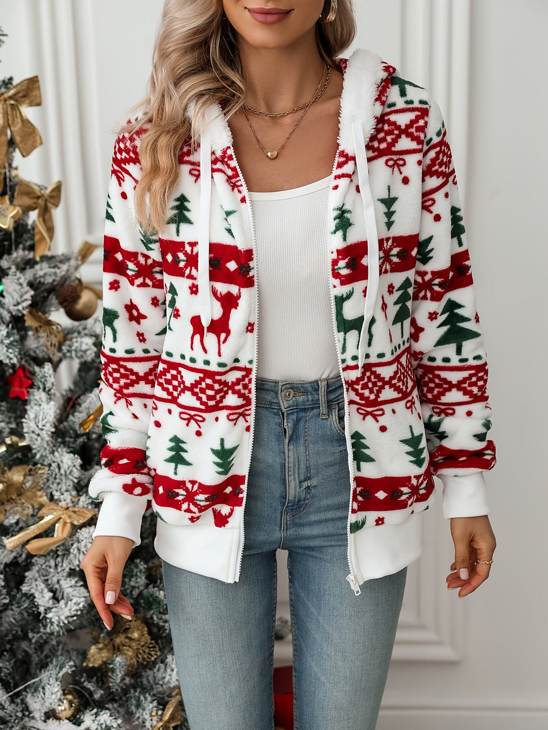 Coraline | Damen Kapuzen-Cardigan mit Weihnachtsmuster