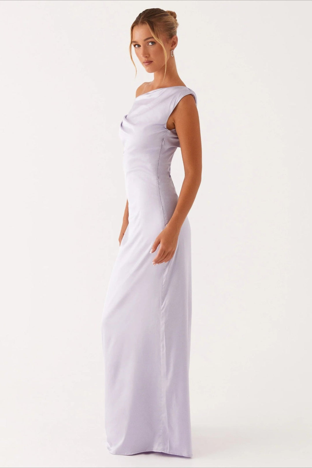 Women's Solid Color Maxi Dress with Asymmetric Neckline – Evening Dress
