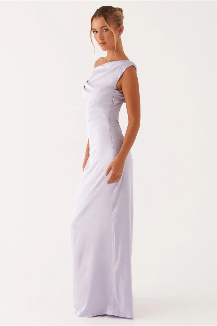 Women's Solid Color Maxi Dress with Asymmetric Neckline – Evening Dress