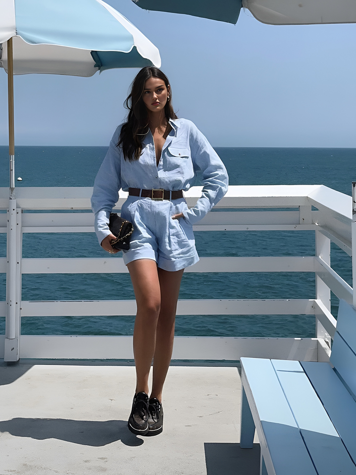 Women's Long-Sleeve Shirt and Pleated Shorts Set – Stylish Summer Outfit