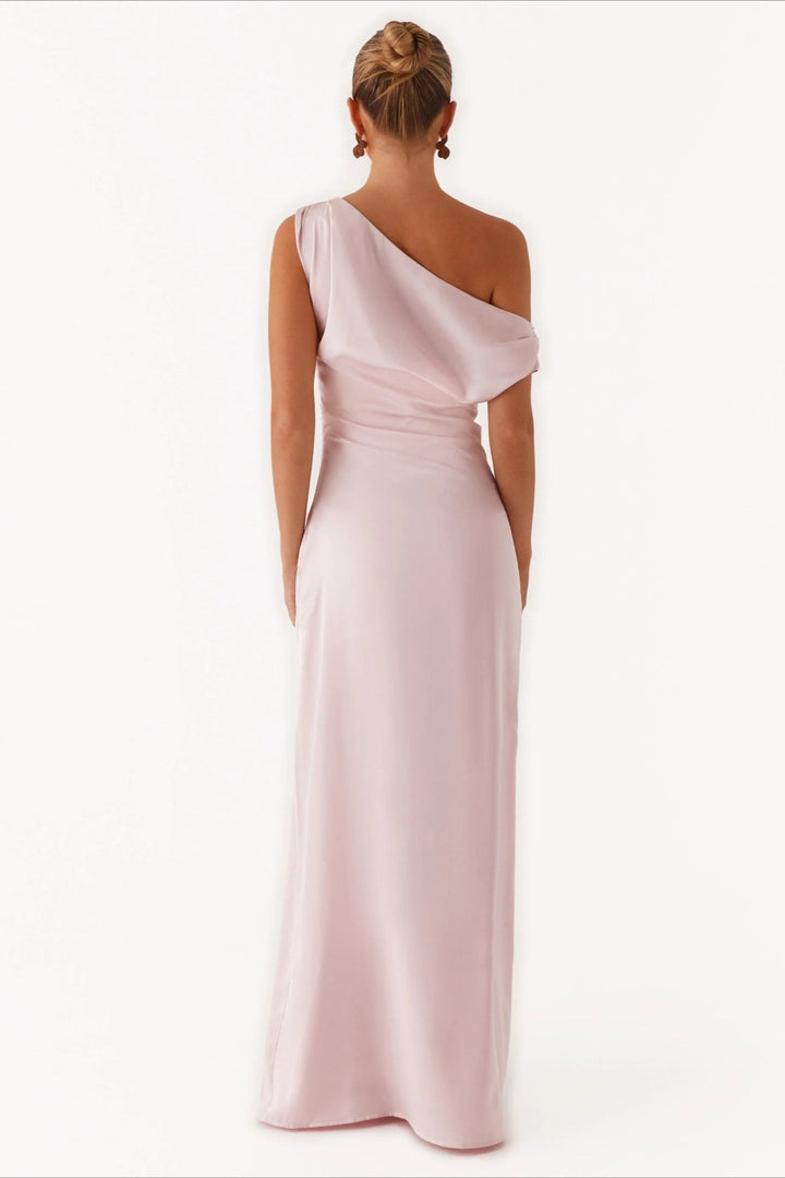 Women's Solid Color Maxi Dress with Asymmetric Neckline – Evening Dress