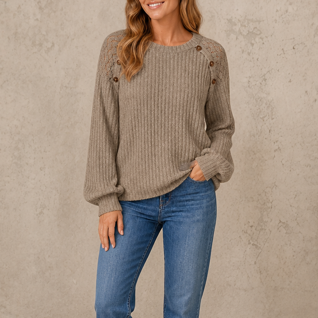 Damen Longsleeve Mit Spitzenschulter Gerippt