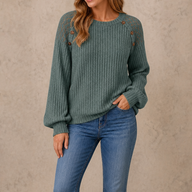 Damen Longsleeve Mit Spitzenschulter Gerippt
