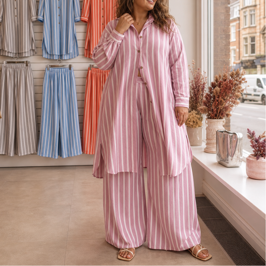 Damen Zweiteiler Gestreiftes Longline-Hemd Und Weite Hose