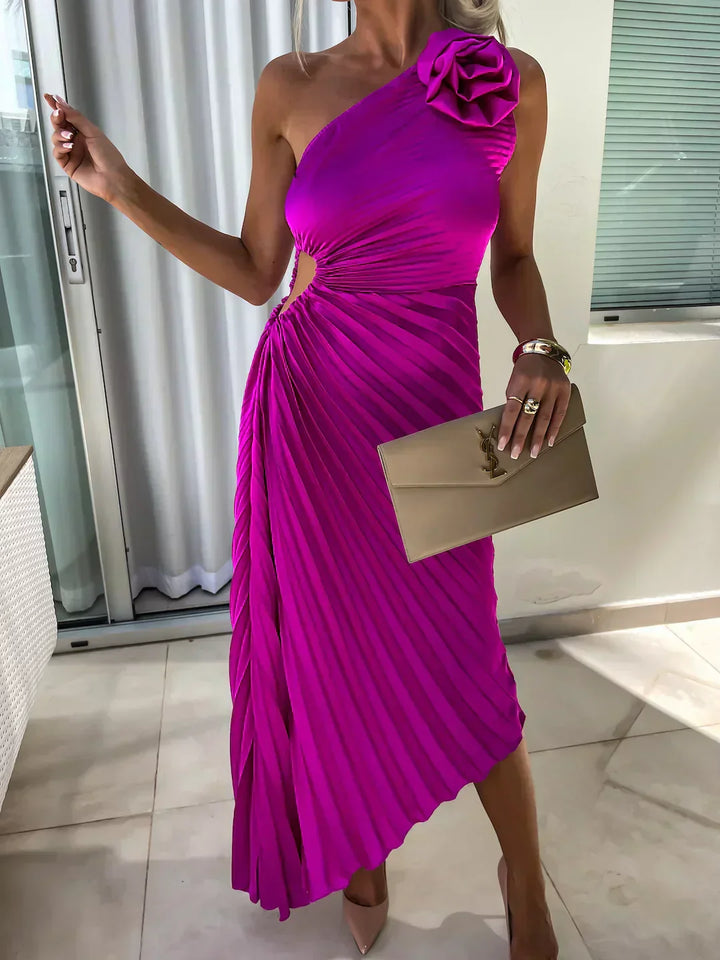 Women's One-Shoulder Pleated Elegant Dress – Flowing Evening Gown