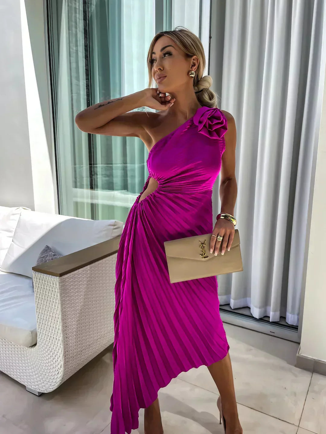 Women's One-Shoulder Pleated Elegant Dress – Flowing Evening Gown