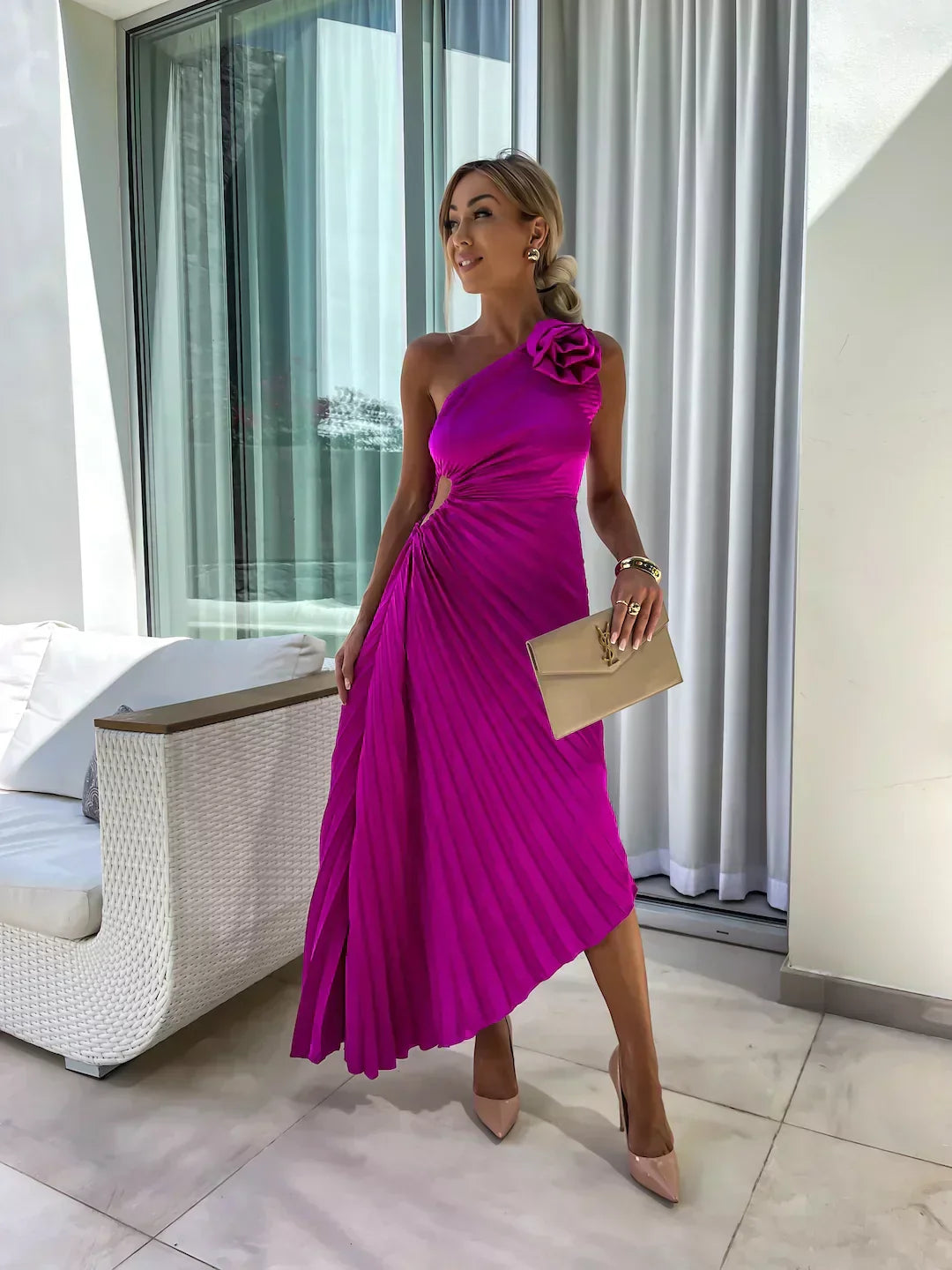 Women's One-Shoulder Pleated Elegant Dress – Flowing Evening Gown