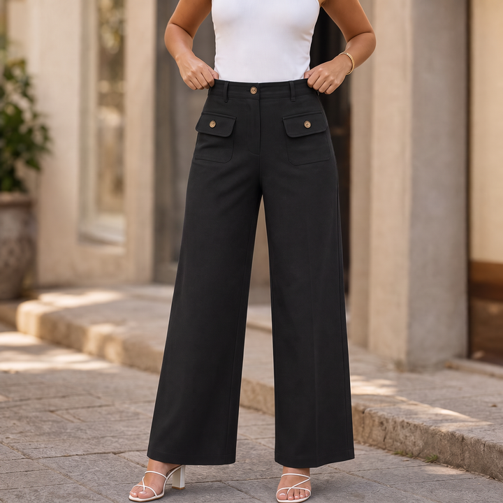 Damen Hose Hohe Taille Weites Bein Mit Knöpfen