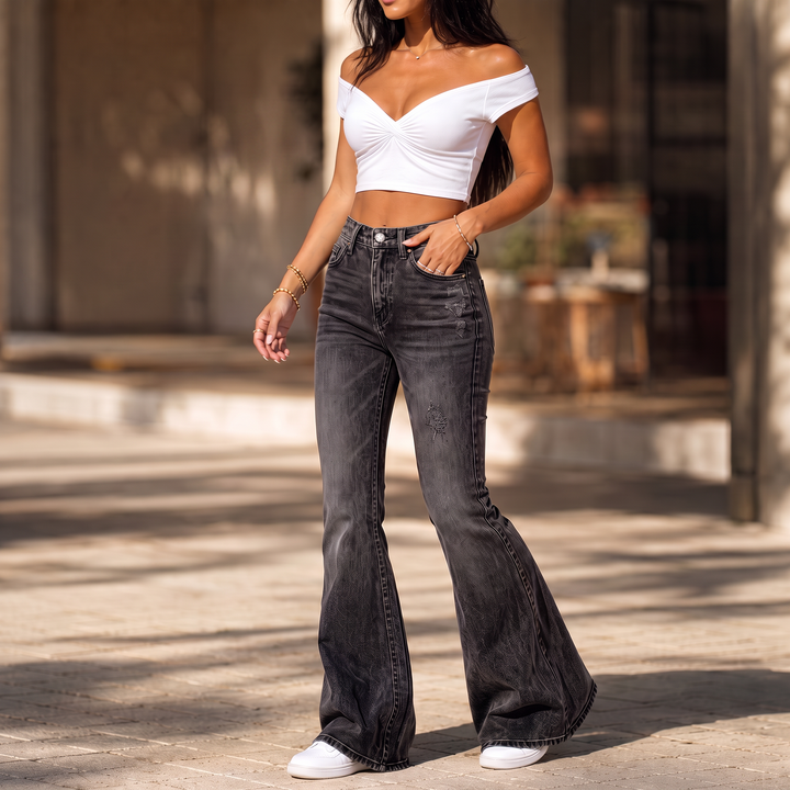 Damen Schlagjeans Hohe Taille Whisker Waschung