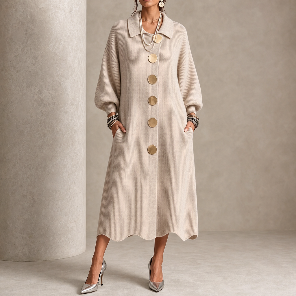 Damen Rippstrick Maxikleid Mit Laternenärmeln Und Goldenen Knöpfen