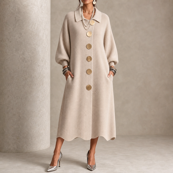 Damen Rippstrick Maxikleid Mit Laternenärmeln Und Goldenen Knöpfen