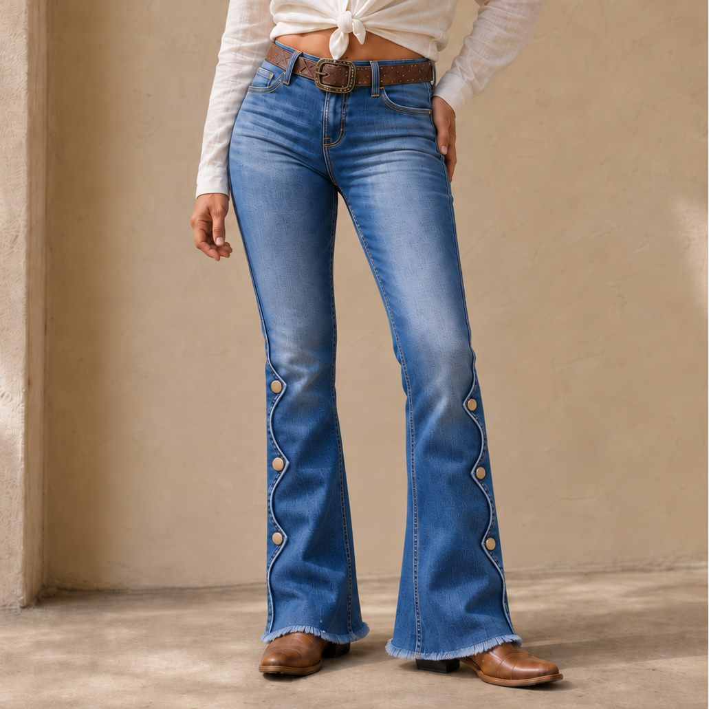 Damen Schlagjeans Mit Hoher Taille Und Seitlichen Knöpfen