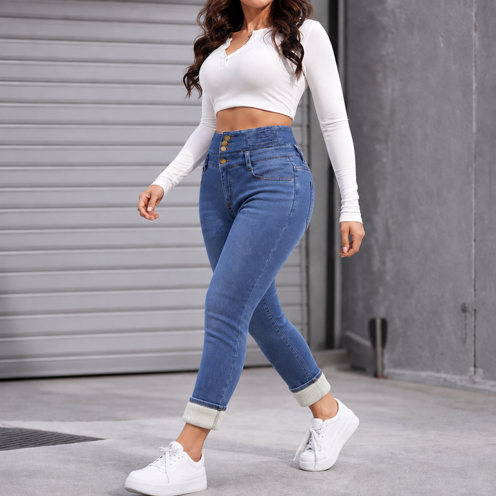 Damen Skinny Jeans Mit Fleece Futter Hohe Taille