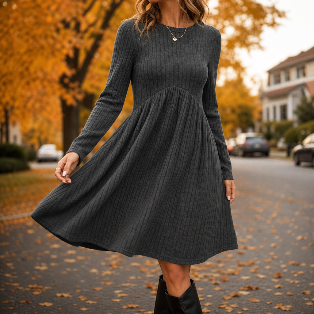 Damen Midikleid Rippstrick A-Linie Hohe Taille