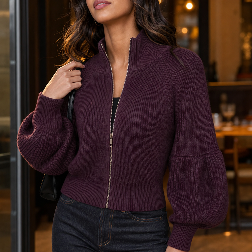 Damen Strickjacke Mit Reißverschluss Und Laternenärmeln