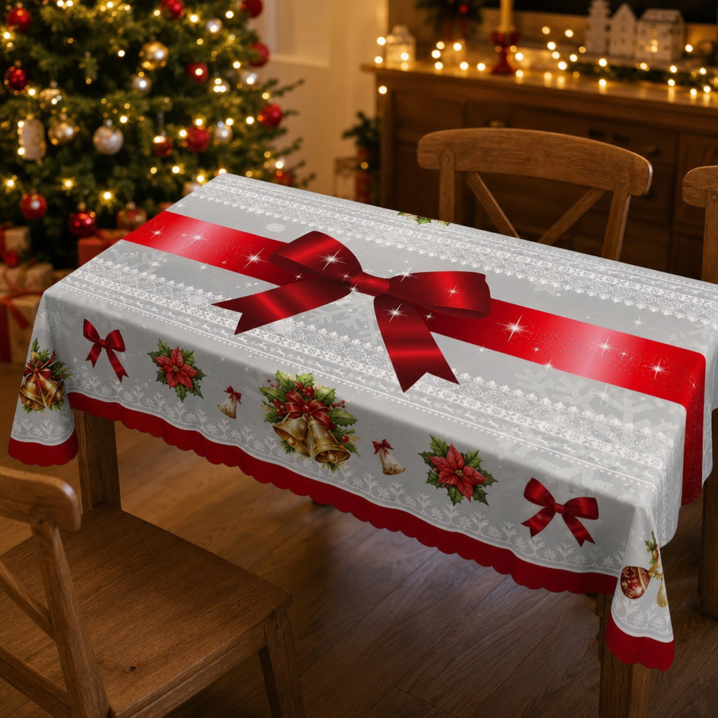 Holly Hearth | Weihnachts-Tischdecke mit Rote-Schleifen-Druck