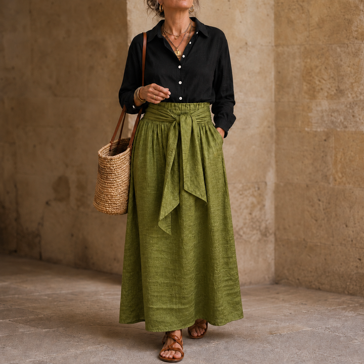 Olive Onyx | Damen Zweiteiler Knopfhemd und Midirock mit Bindegürtel