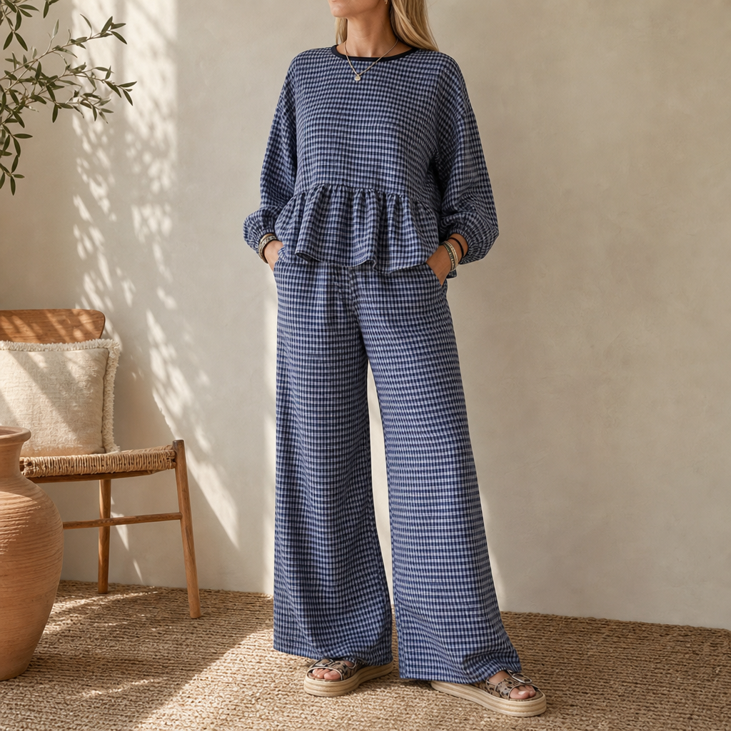 Elara | Gingham-Zweiteiler mit Peplum-Oberteil und weiter Hose