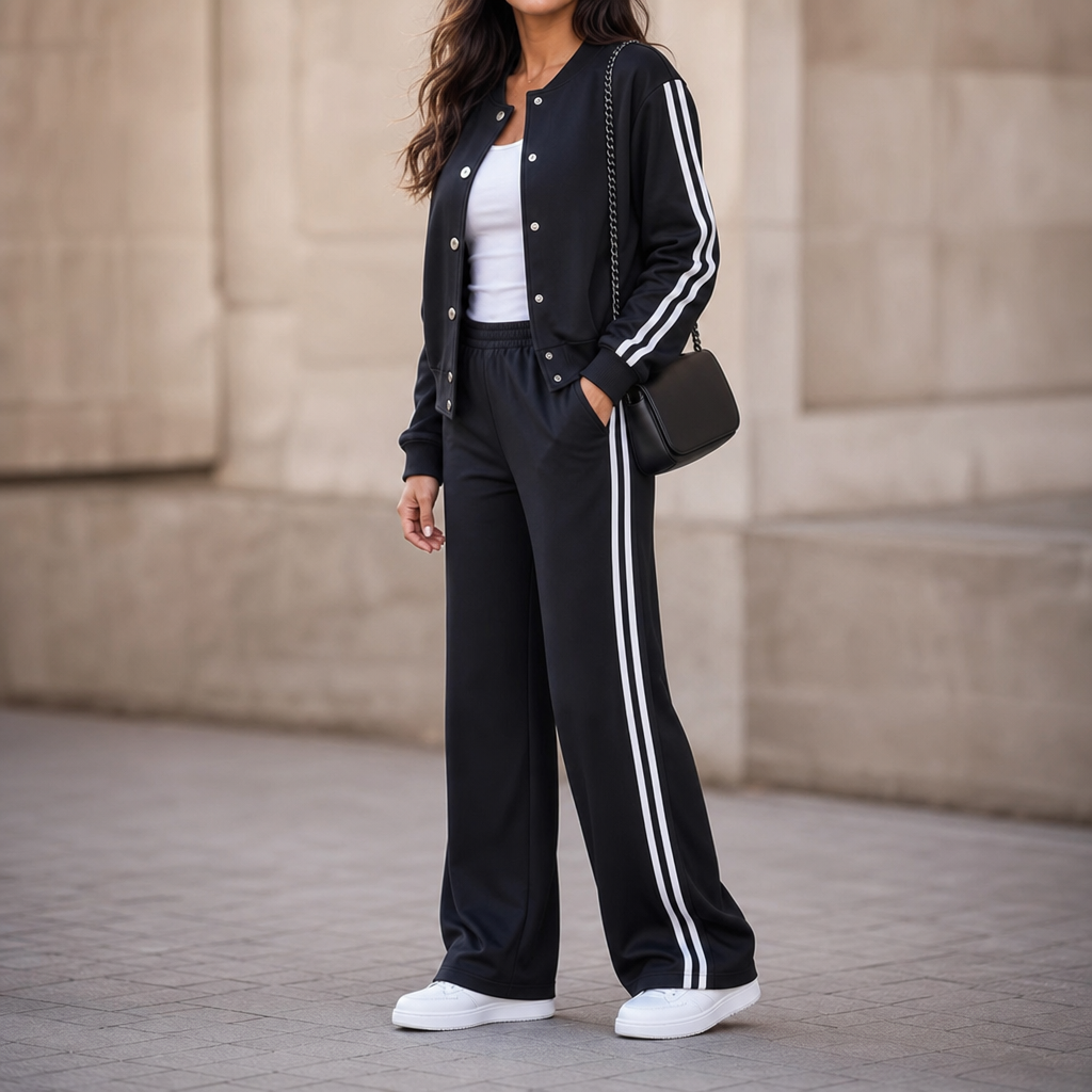 Damen Loungewear Zweiteiler Hohe Taille Kontraststreifen Weites Bein