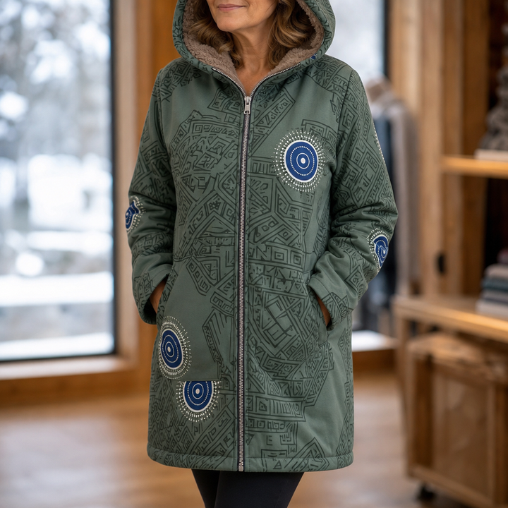 Damen Winterjacke Mit Blattmuster Und Kapuze