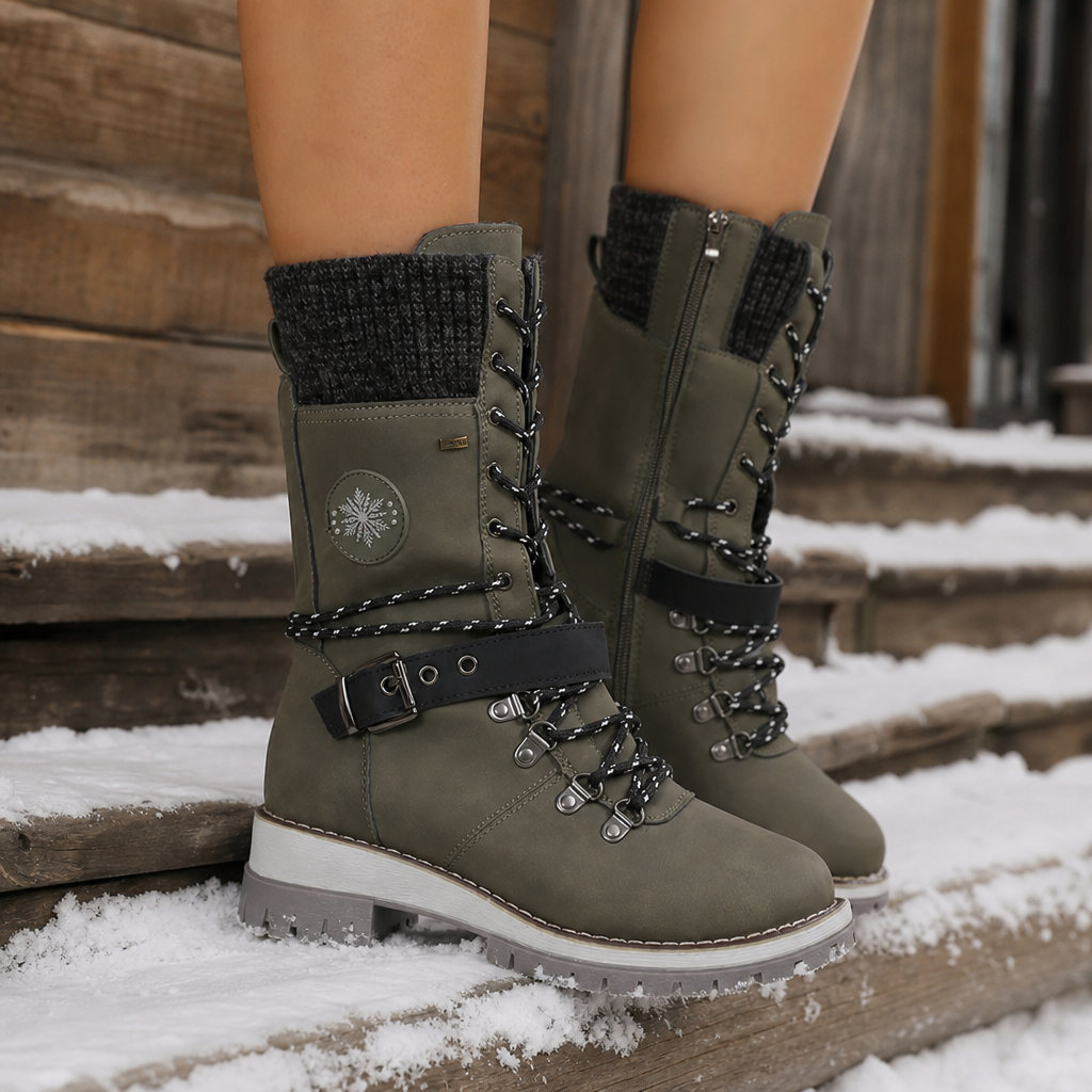 Damen Schneestiefel kniehoch gefüttert mit verstellbarer Schnürung