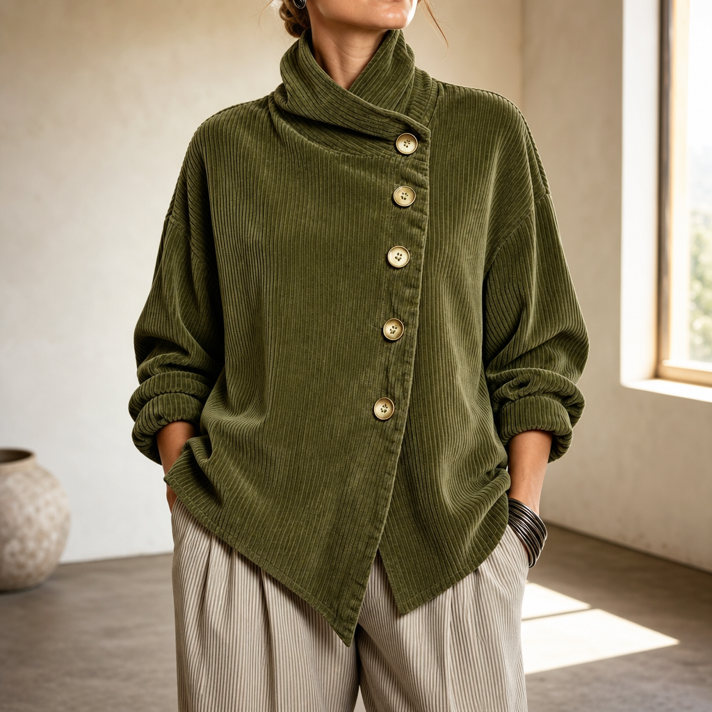 Damen Cord Oberteil Asymmetrische Knopfleiste Mit Stehkragen