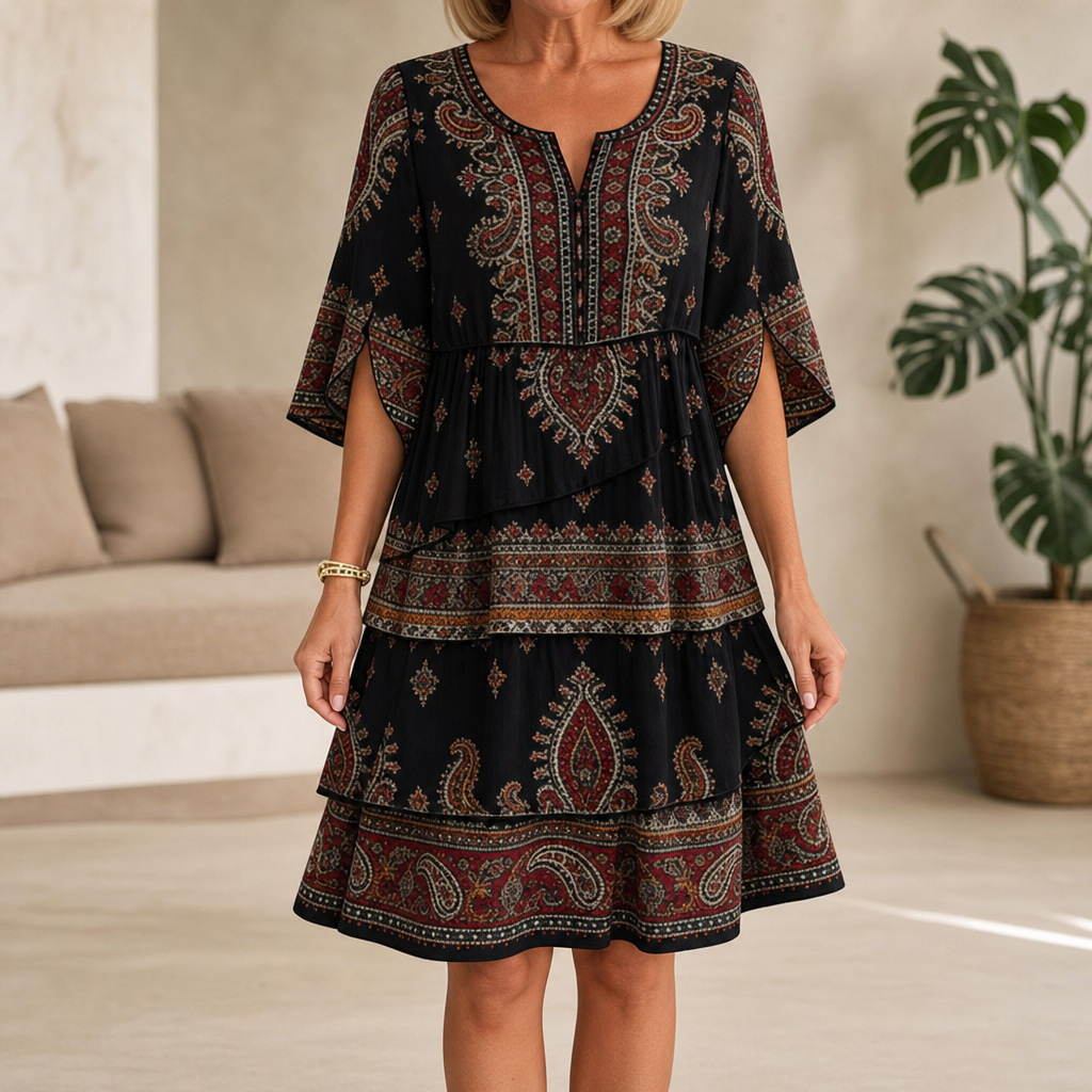 Damen Midikleid Paisley Print Stufenschnitt Mit Schlitzärmeln