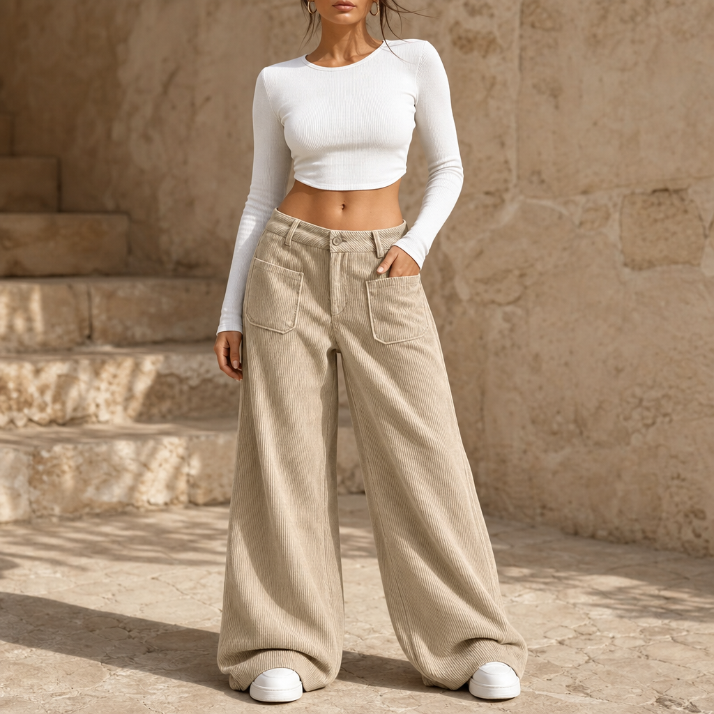 Damen Cordhose Hohe Taille Weites Bein Stretch