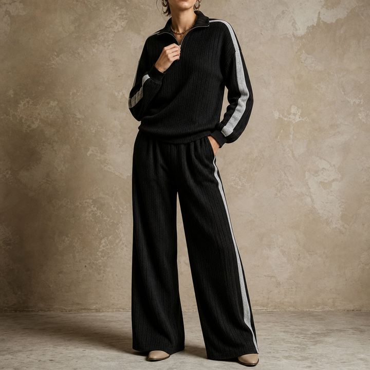 Damen Loungewear-Set geripptes Oberteil mit Halbreißverschluss und weiter Hose
