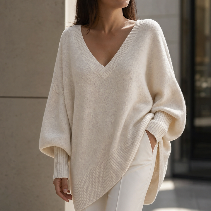 Damen Oversized Pullover V-Ausschnitt Puffärmel