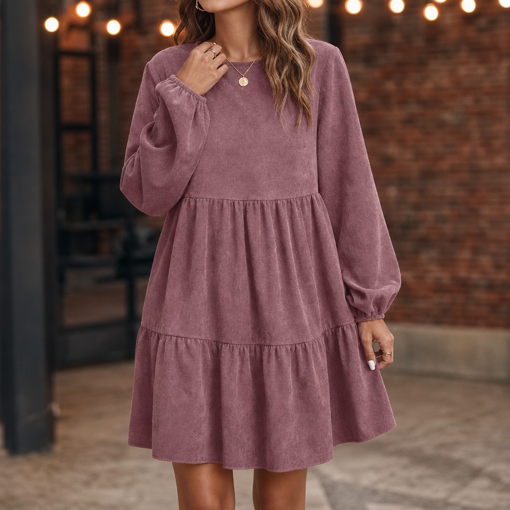 Damen Kleid Langarm Volants Gestuft