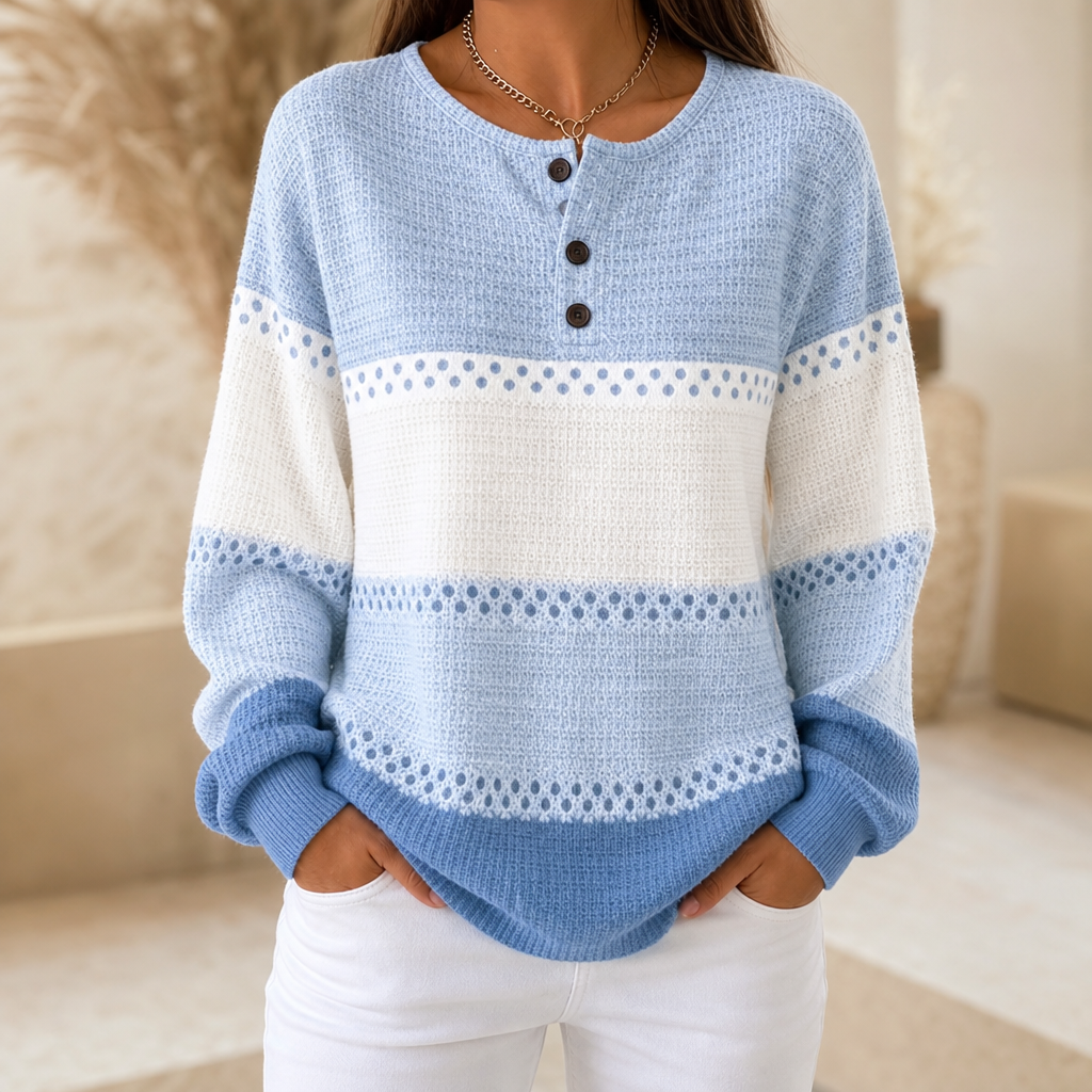 Damen Waffelstrick Henley Pullover Color Block