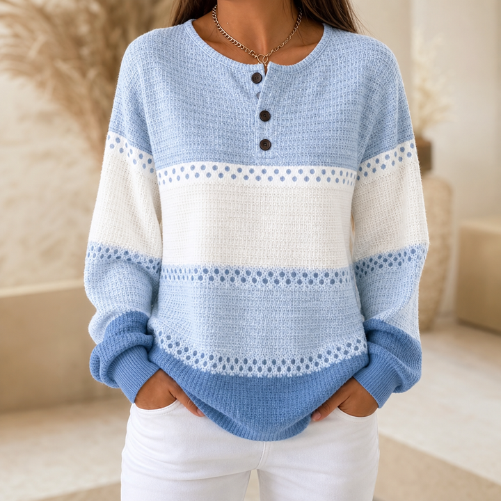 Damen Waffelstrick Henley Pullover Color Block