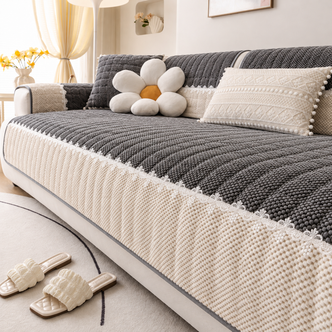 Cordelle | Cord-Sofahusse im Colorblock-Design mit Spitzensaum